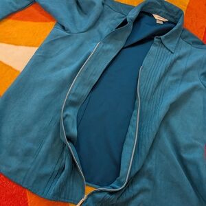 CJ Banks Women's 1X Teal Blazer Jacket Zipper Closure Turquoise Velvety